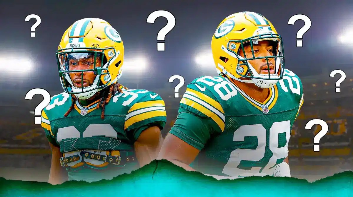 Photo: Aaron Jones, AJ Dillon in Packers jerseys in action with question marks around them