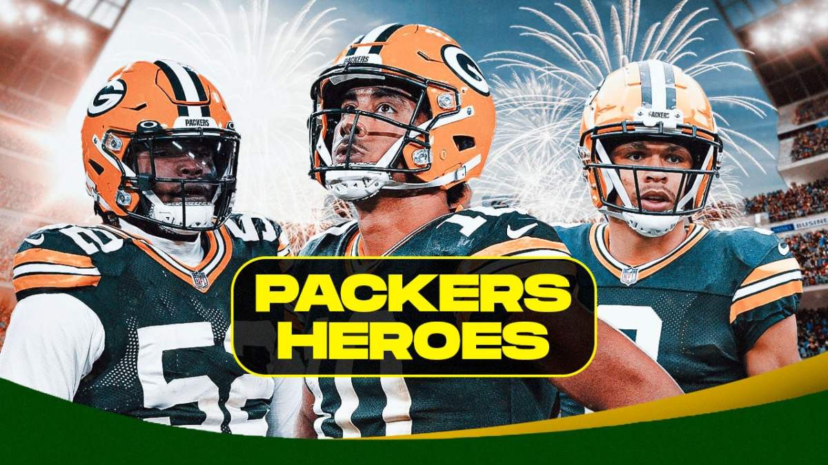 Jordan Love, Rashan Gray, Christian Watson all beside each other with fireworks in the background.