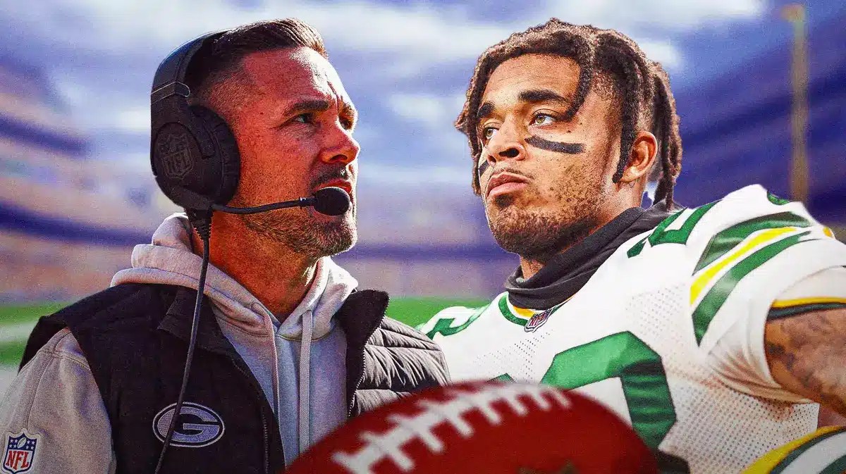 Jaire Alexander looking serious. Matt LaFleur next to him