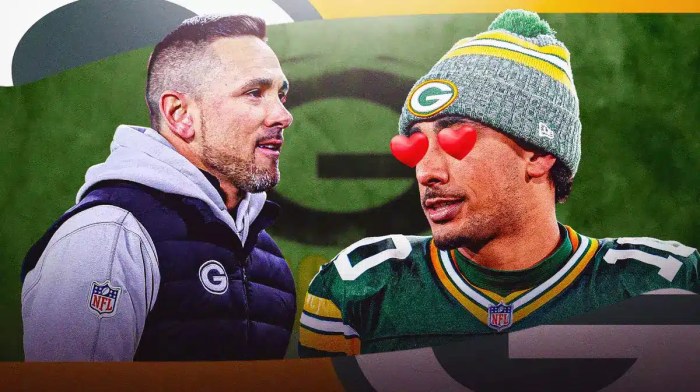 Green Bay Packers QB Jordan Love with hearts in his eyes and coach Matt LaFleur