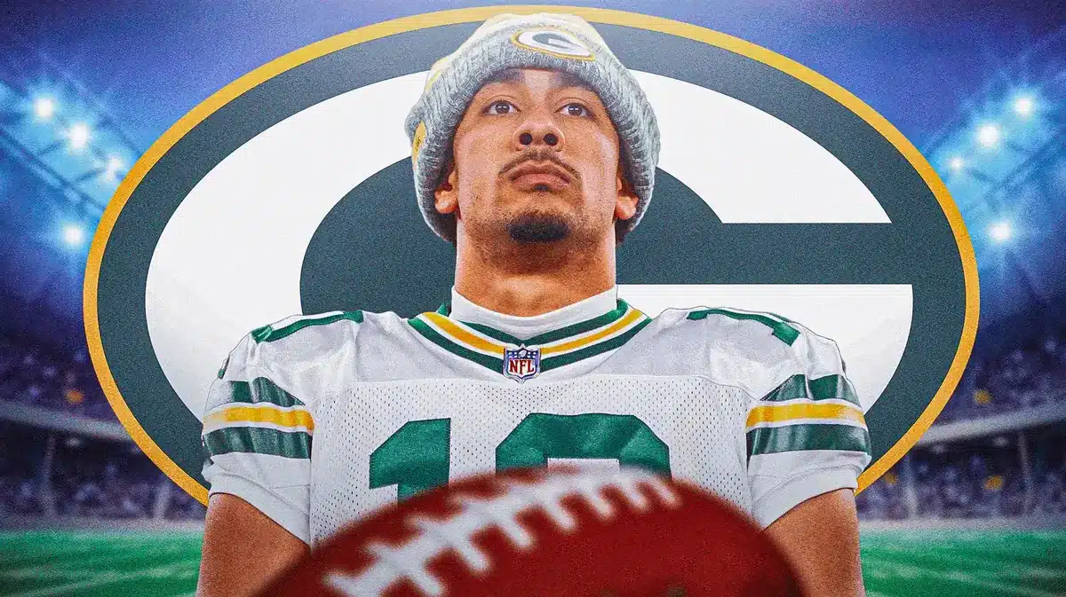 Packers' Jordan Love looking serious, close-up image. Packers logo in background.