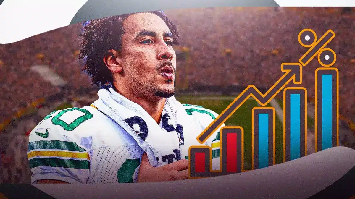 Green Bay Packers' Jordan Love and an image of a chart with the line going up, indicating success. (Such as chart_with_upwards_trend this emoji.)