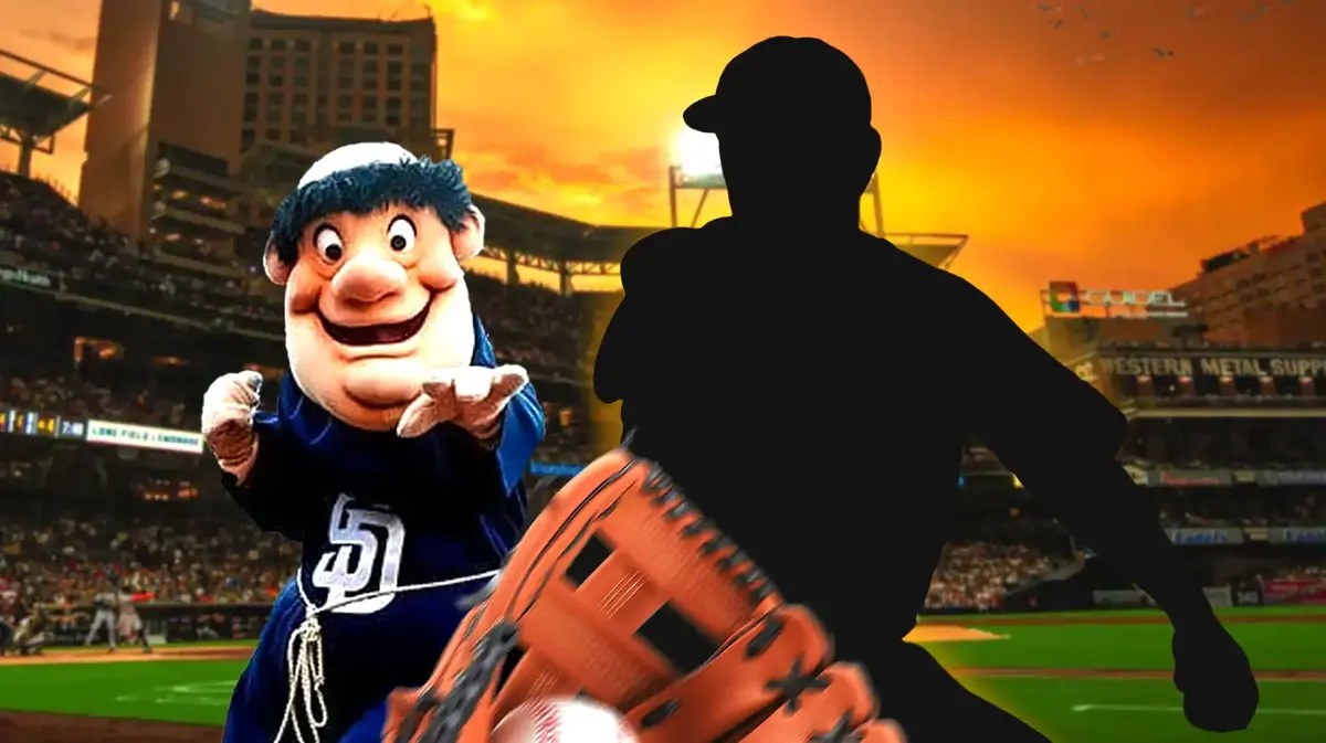 Padres mascot with silhouette of Yuki Matsui
