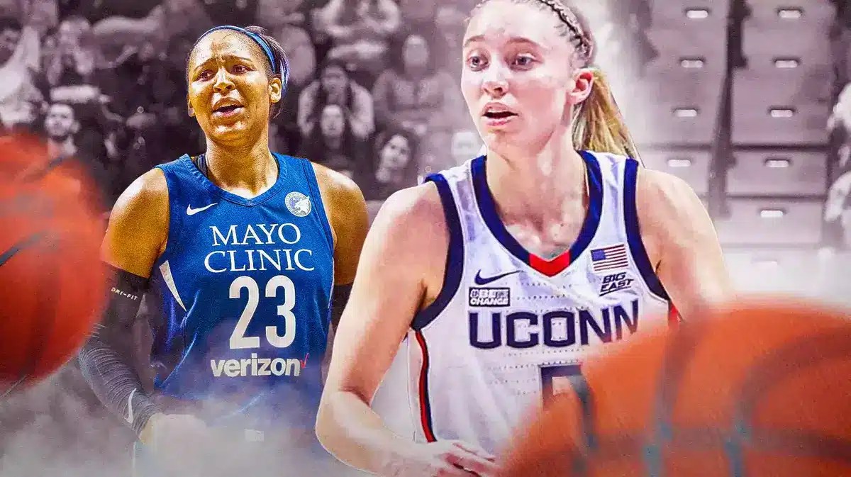UConn women’s basketball player Paige Bueckers and former WNBA player Maya Moore with basketballs in foreground
