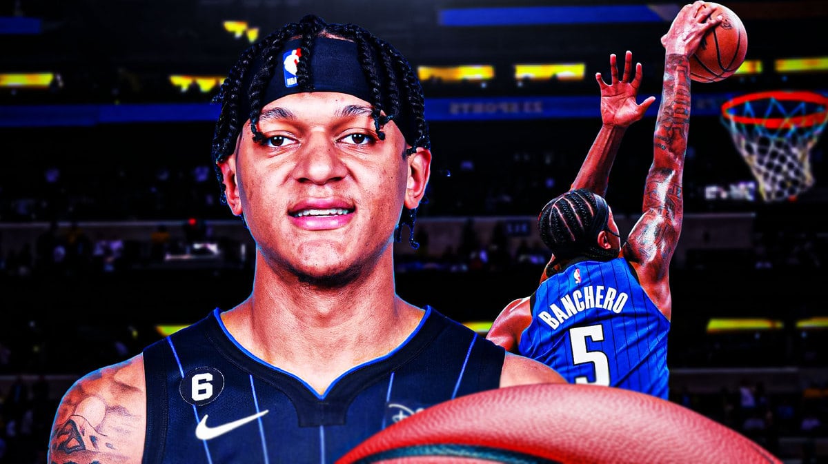 Magic’s Paolo Banchero in front smiling. In background, have Banchero dunking a basketball.