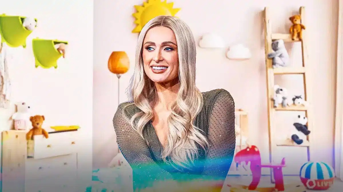 Paris Hilton with baby stuff in the background