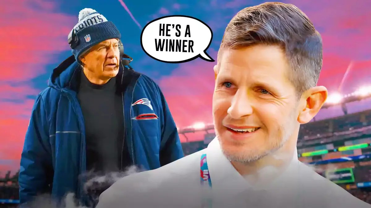 Media personality Dan Orlovsky and speech bubble “He’s A Winner” and image of New England Patriots coach Bill Belichick