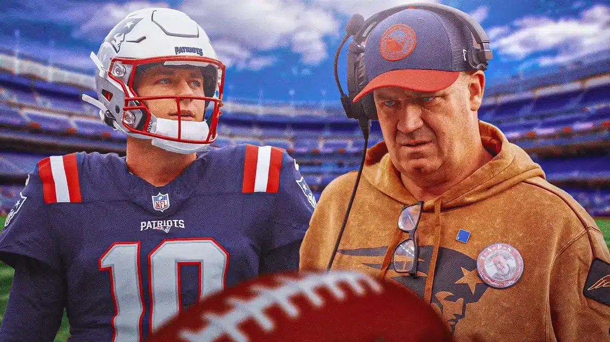 Mac Jones and Bill O'Brien with a football
