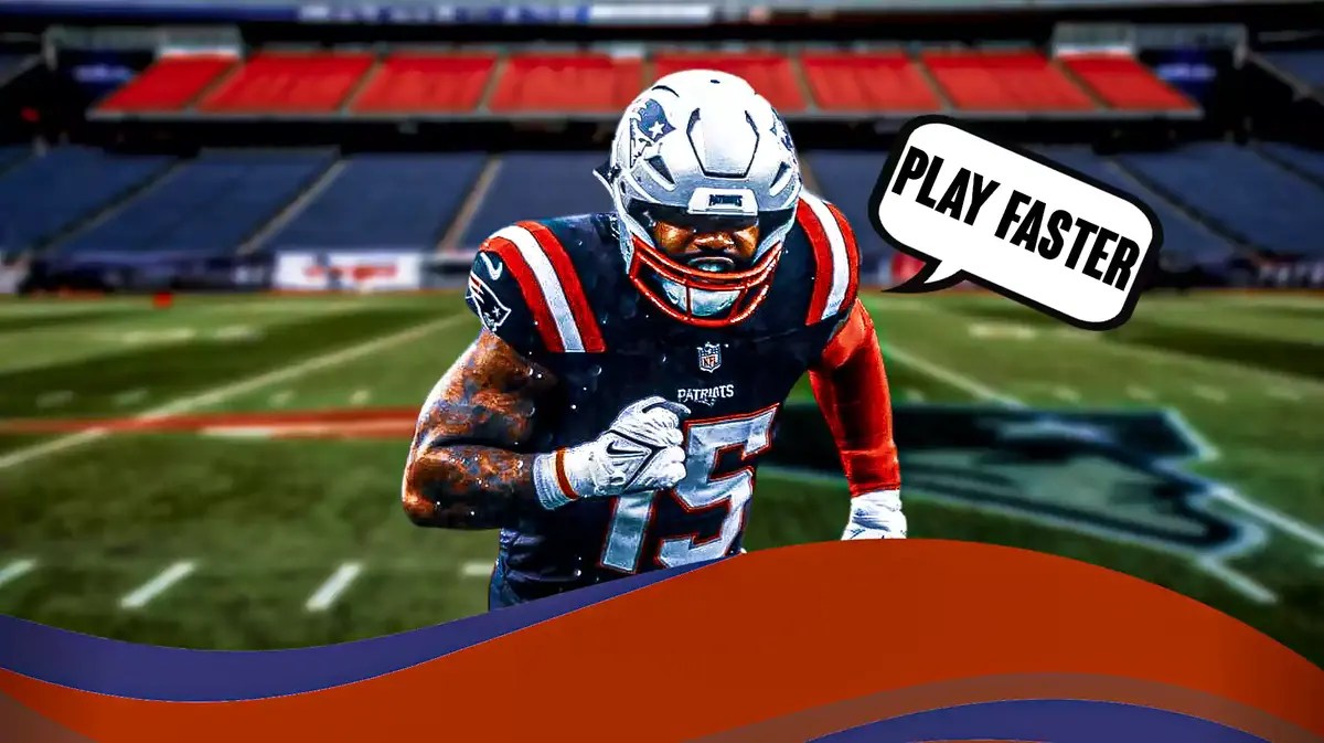 Patriots running back Ezekiel Elliott with quote bubble saying "Play faster'