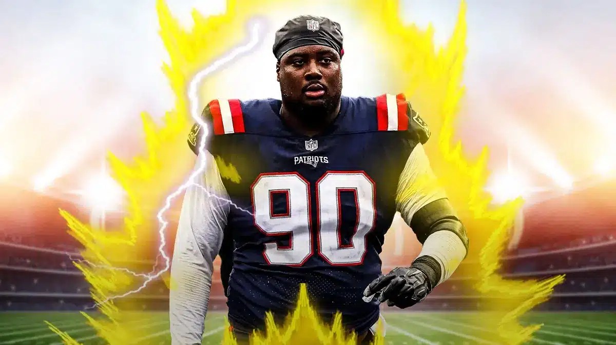 Action shot of Christian Barmore (Patriots) with supersaiyan glow