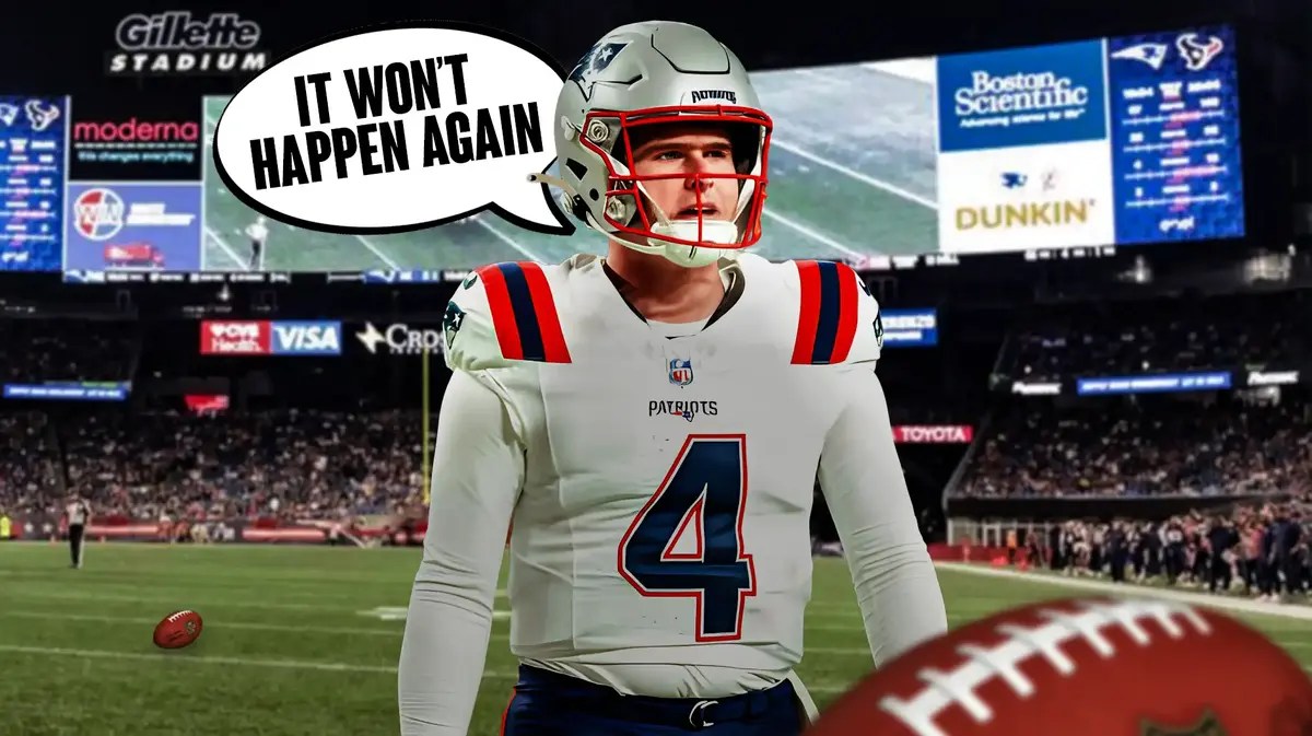 Bailey Zappe with quote bubble “it won’t happen again”