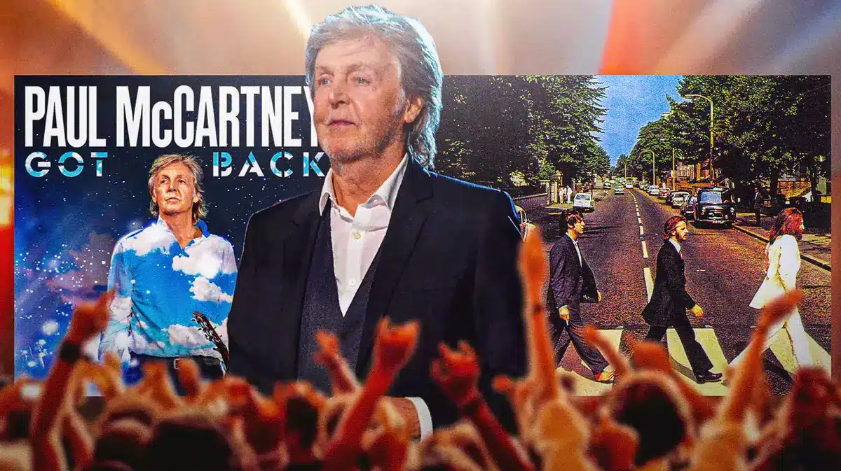 Paul McCartney with Got Back tour and Beatles Abbey Road album cover.