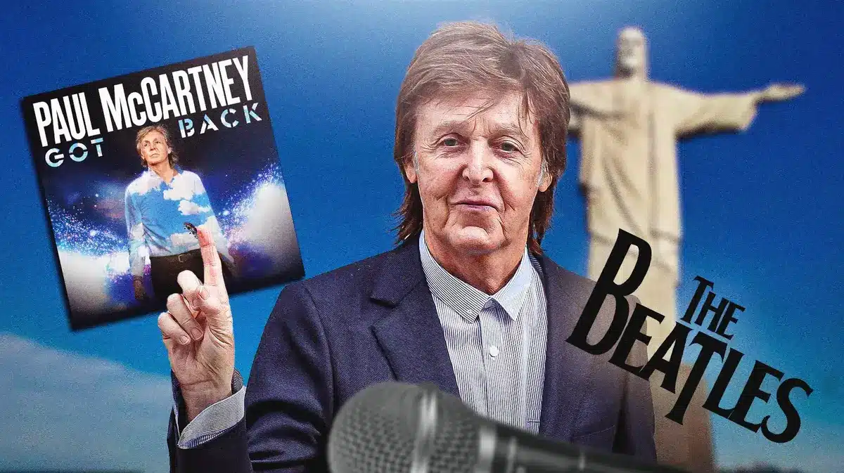 Paul McCartney with the Beatles and Got Back tour logo and Brazil background.