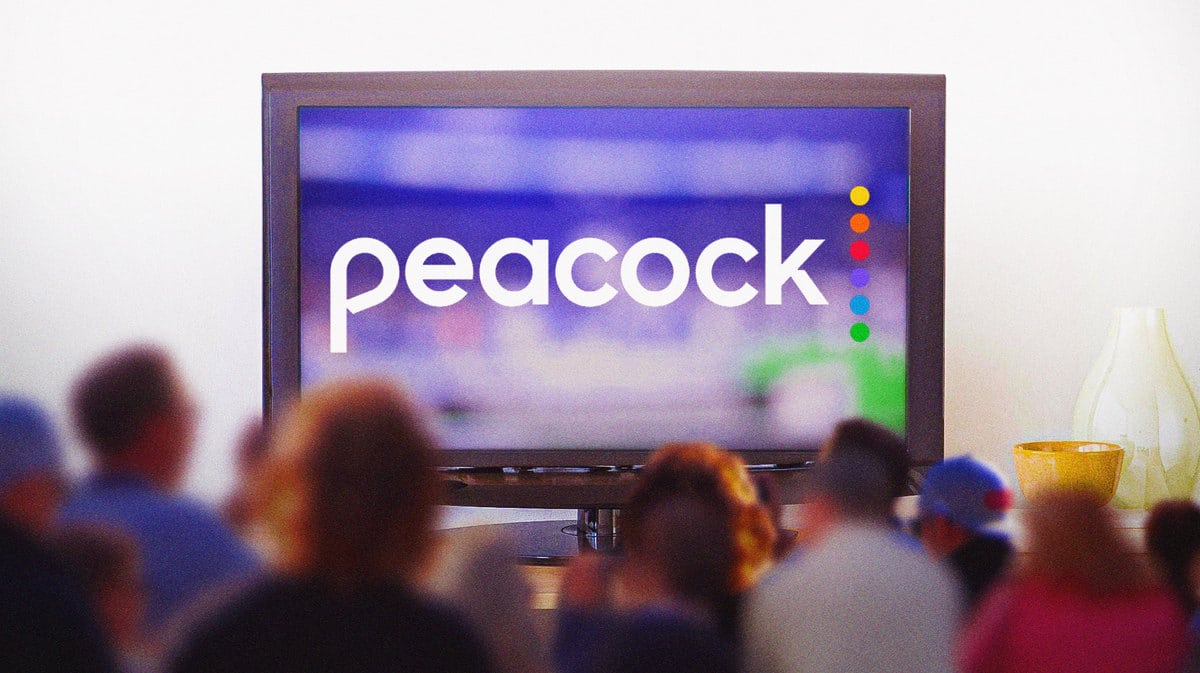 Peacock streaming on TV with an audience watching.