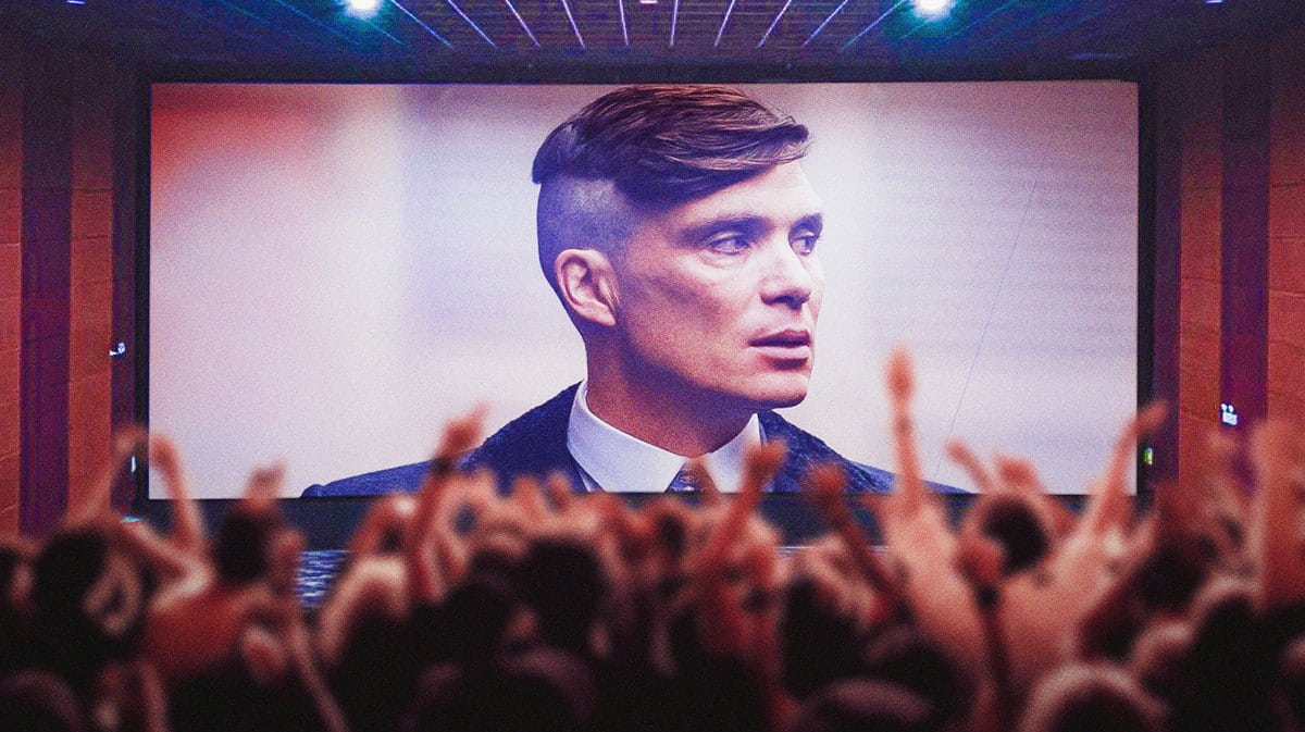 Cillian Murphy in Peaky Blinders on a movie screen.