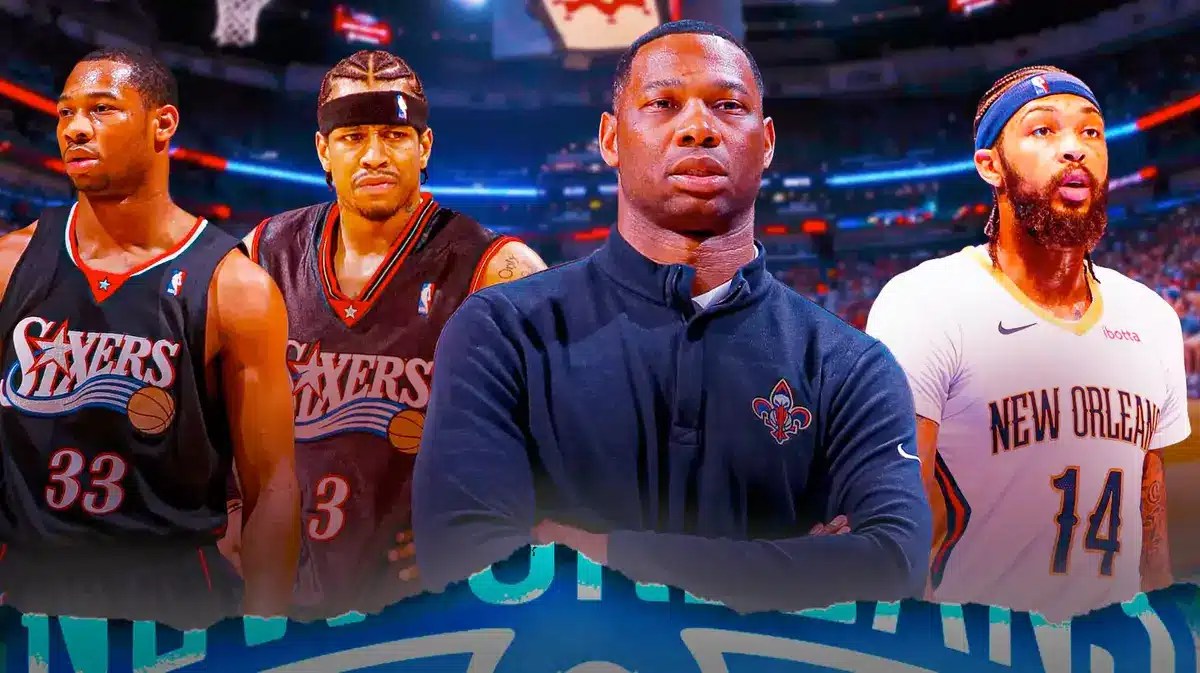 Pelicans HC Willie Green coaching Brandon Ingram on the left, with a picture of Green and Allen Iverson together in a Sixers uni back in 2004