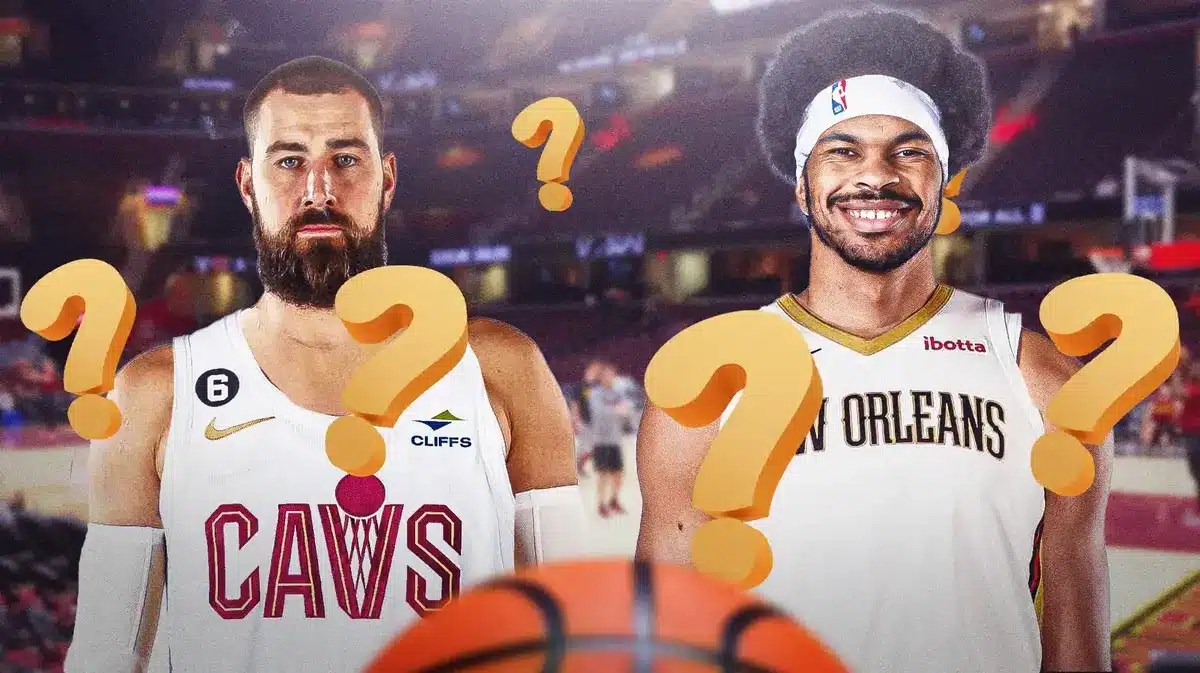 Photo: Jonas Valanciunas in Cavs jersey, Jarrett Allen in Pelicans jerseys, question marks above both of them