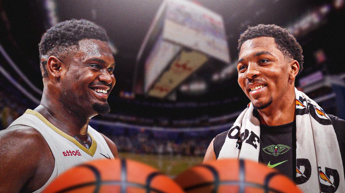 Trey Murphy and Zion Williamson both in image looking at each other and looking happy, NO Pelicans logo, basketball court in background