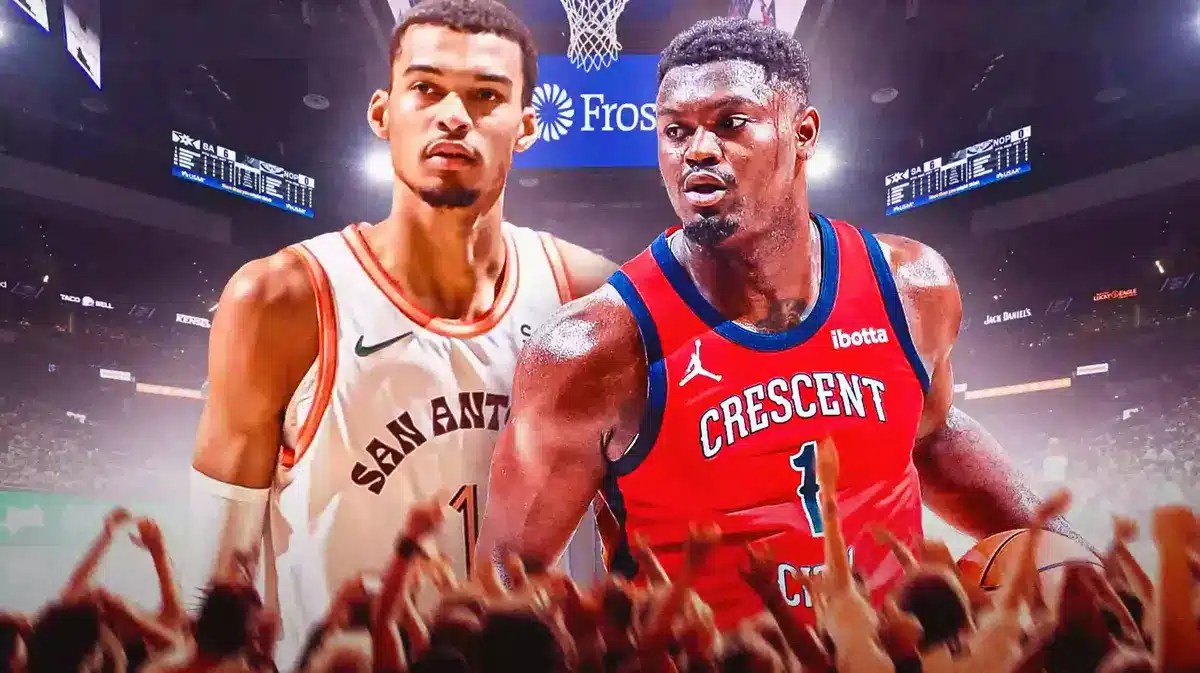 San Antonio Spurs star Victor Wembanyama and New Orleans Pelicans' Zion Williamson in front of the Frost Bank Center.