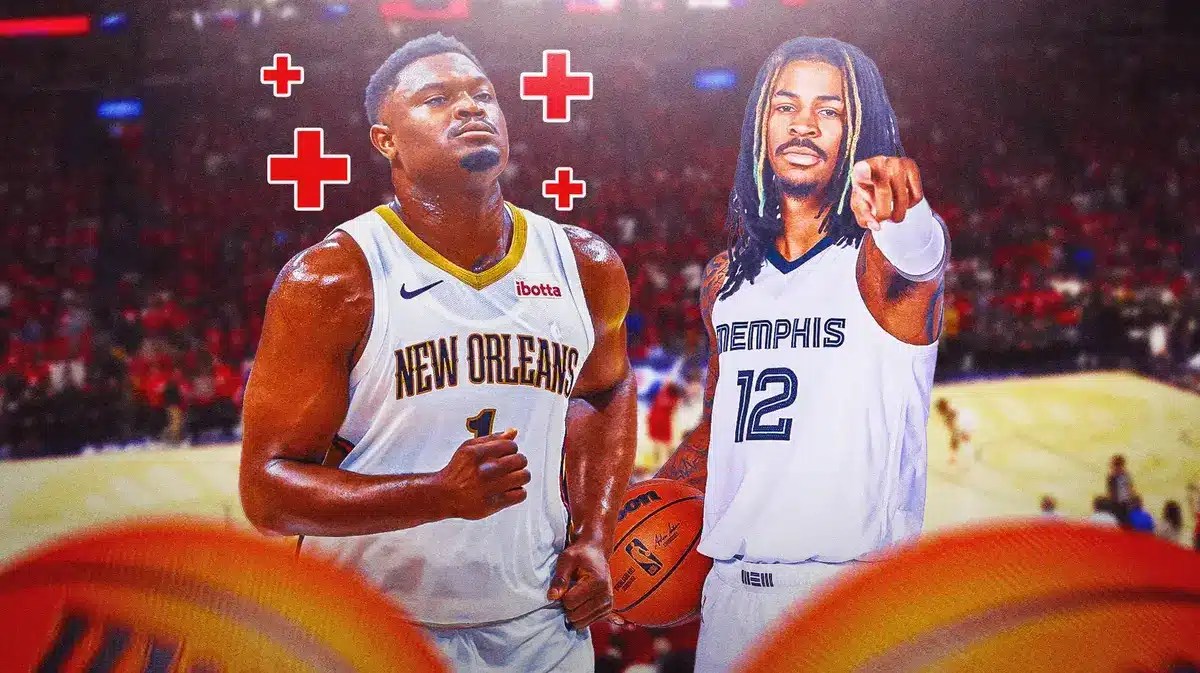 Zion Williamson with a medical cross near him. Ja Morant.