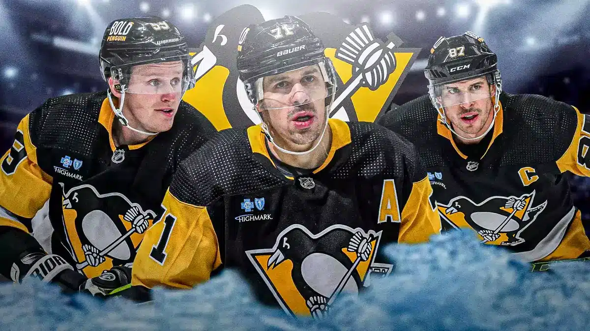 Evgeni Malkin in middle of image looking stern, Sidney Crosby and Jake Guentzel on either side looking stern, PIT Penguins logo, hockey rink in background NHL Power Rankings
