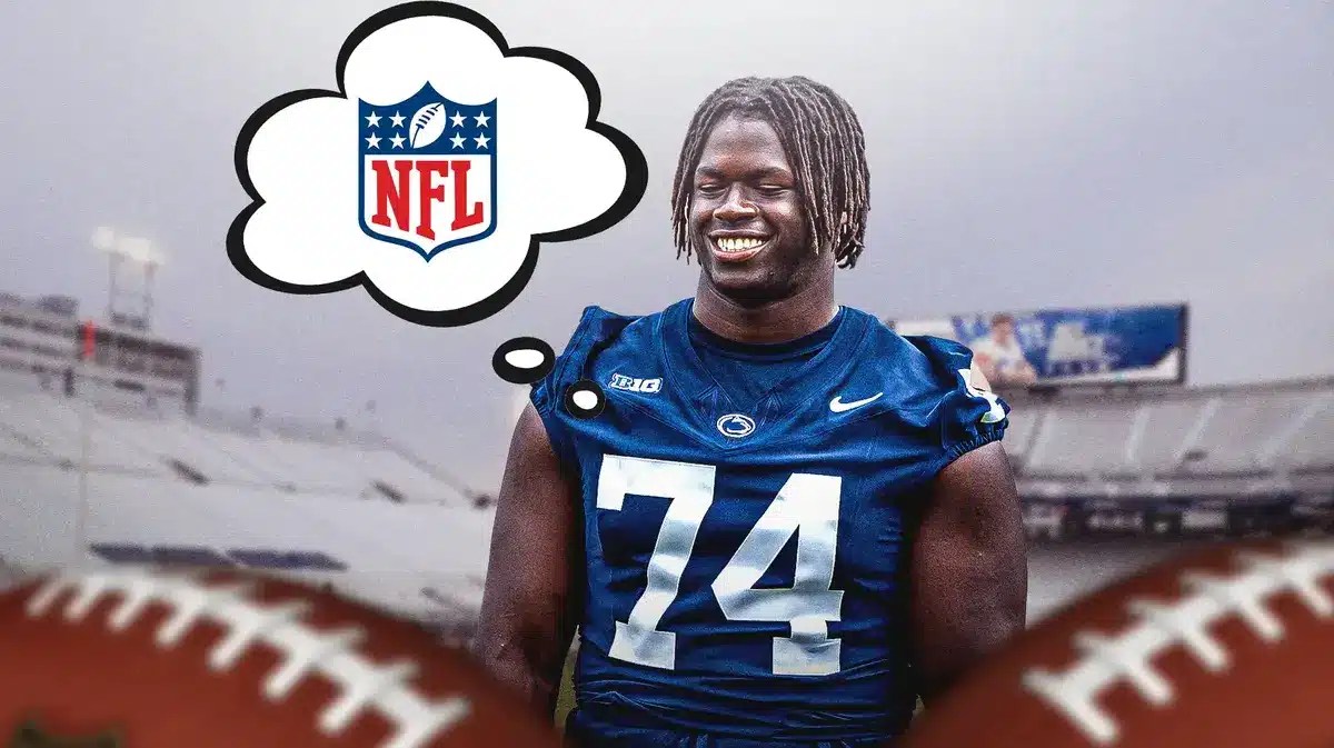 Penn State’s Olu Fashanu with a thought bubble. In the bubble, place the NFL logo.