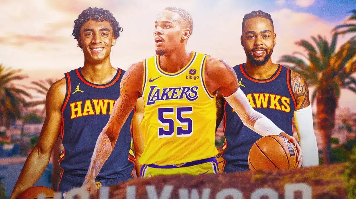 Photo: Dejounte Murray in Lakers jersey, Max Christie, D’Angelo Russell in Hawks jerseys