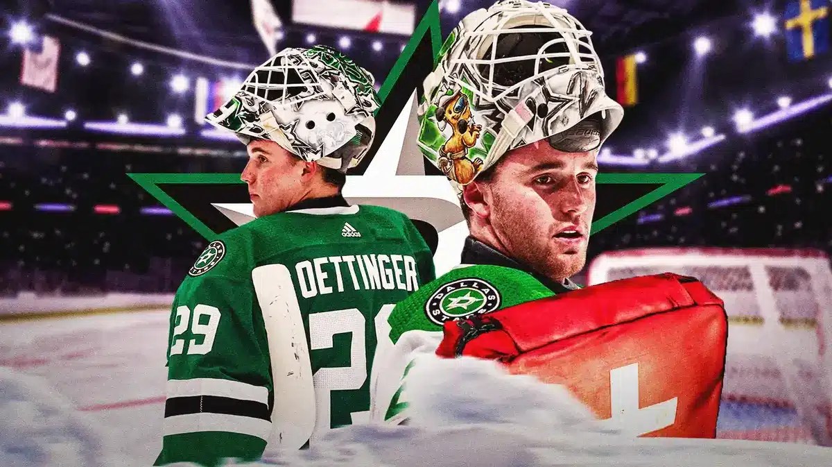 Jake Oettinger in middle of image looking stern with first aid kit, DAL Stars logo, hockey rink in background