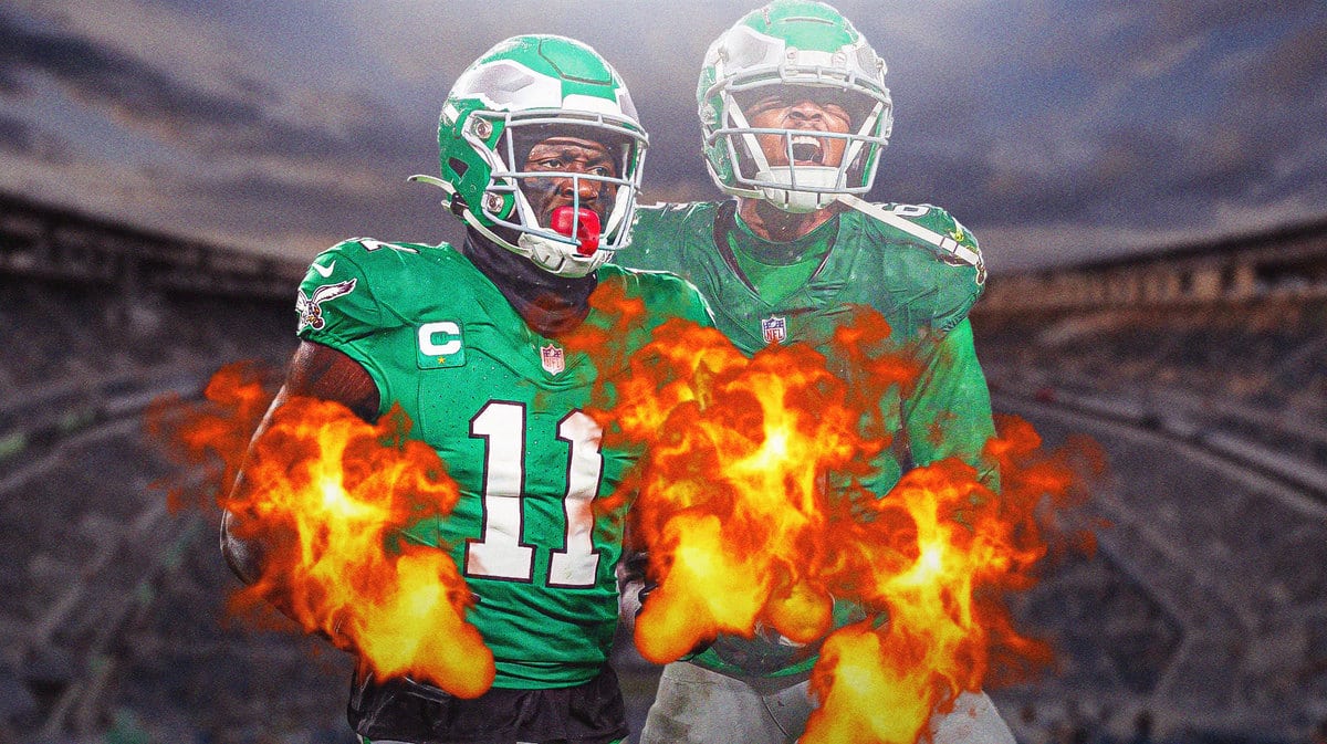 AJ Brown and Devonta Smith next to each other with fire on their hands