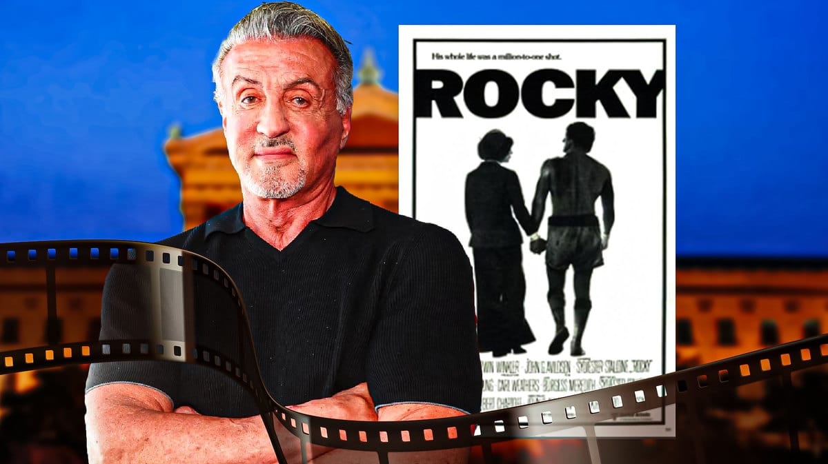 Sylvester Stallone next to Rocky poster and Philadelphia Museum of Art steps.