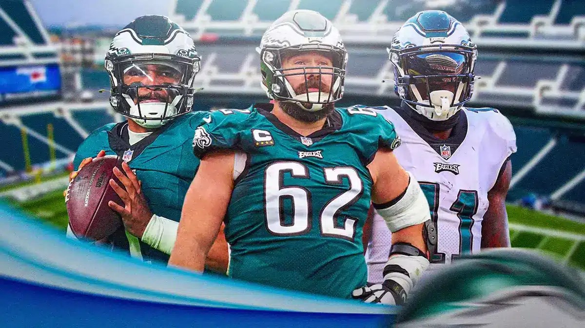 Philadelphia Eagles stars Jalen Hurts, Jason Kelce, and A.J. Brown in front of Lincoln Financial Field.