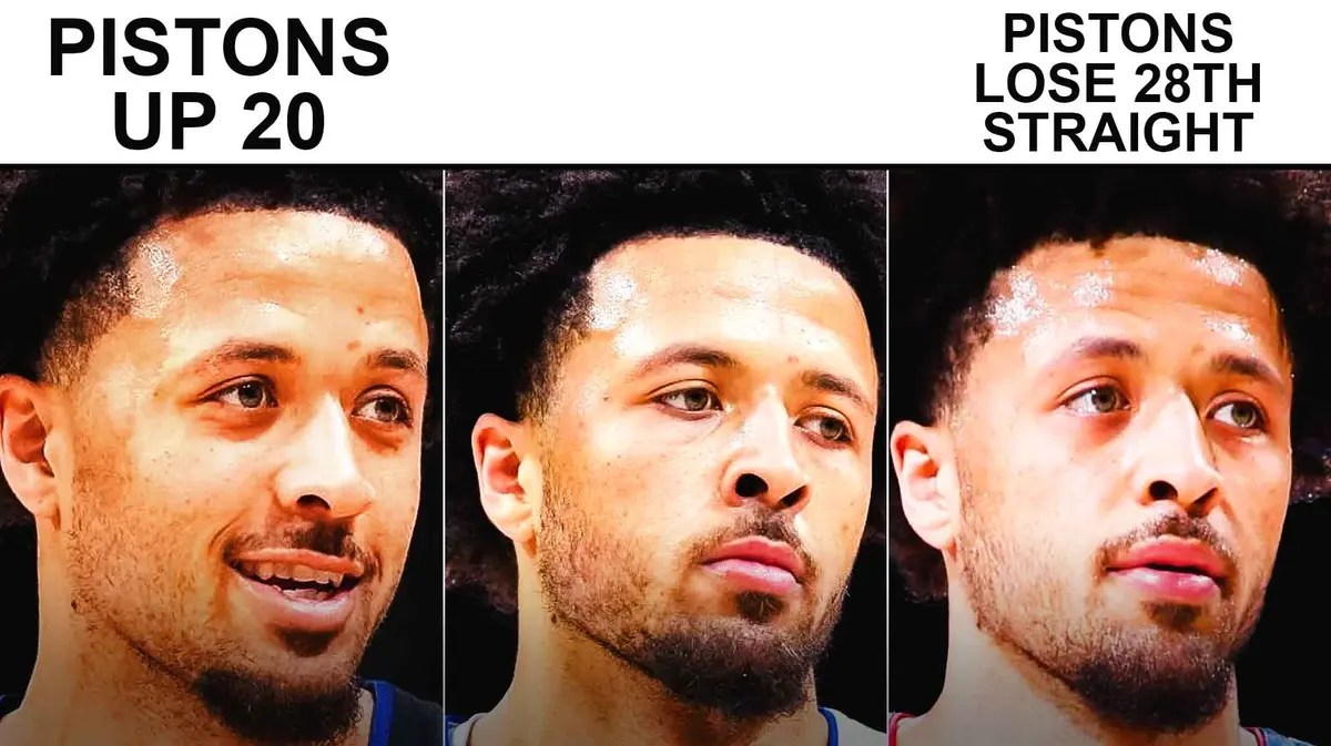 Pistons' Cade Cunningham in the meme above, with caption on the left: PISTONS UP 20, caption on the right, PISTONS LOSE 28TH STRAIGHT