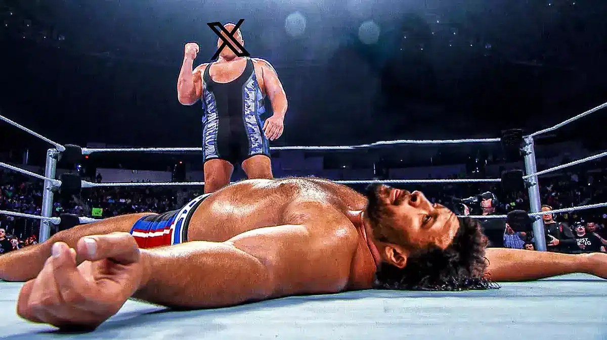 Cade Cunningham (Pistons) as the guy on the ground, logo of X (social media app) on the face of the Big Show