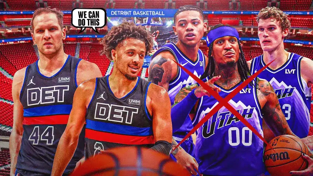 Pistons' Cade Cunningham and Bojan Bogdanovic saying "We can do this" with Lauri Markkanen, Jordan Clarkson, and Keyonte George all having a red X through them