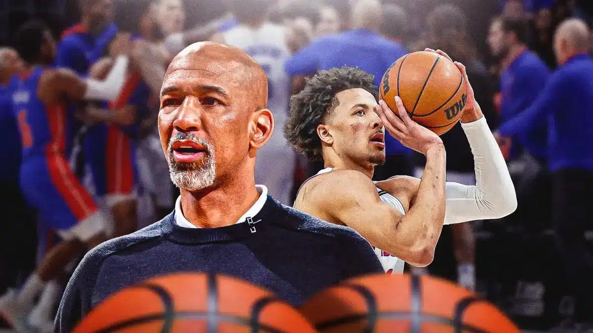 Pistons' Monty Williams in front looking serious. Pistons' Cade Cunningham in background shooting a basketball.