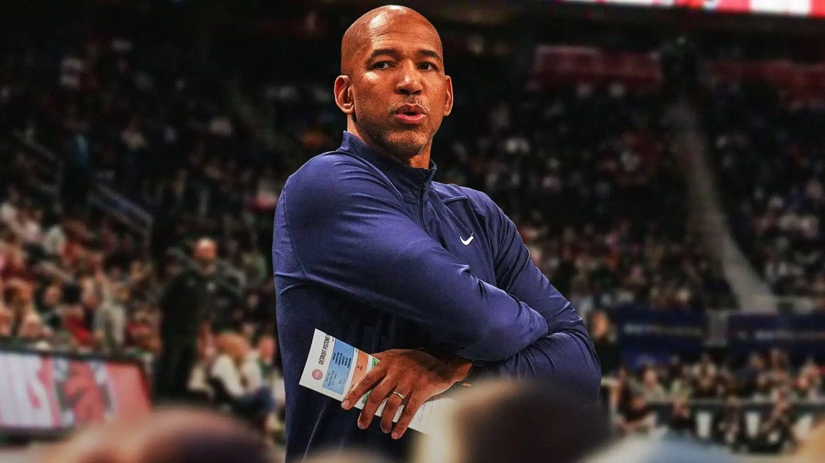Pistons, Monty Williams, Bill Simmons, Pistons losing streak, Nets, Monty Williams with Pistons arena in the background
