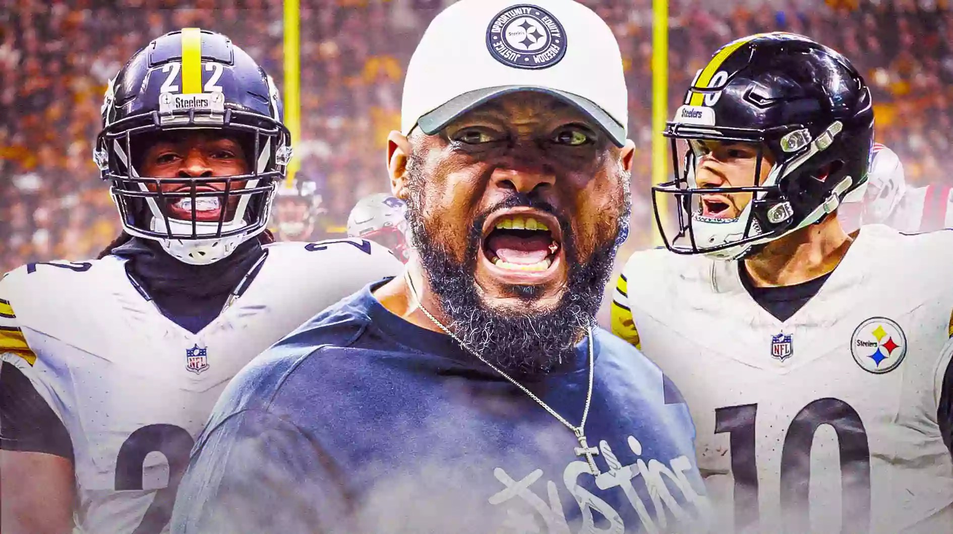 Steelers coach Mike Tomlin angrily yelling in foreground, with Mitch Trubisky on right and Najee Harris on left.