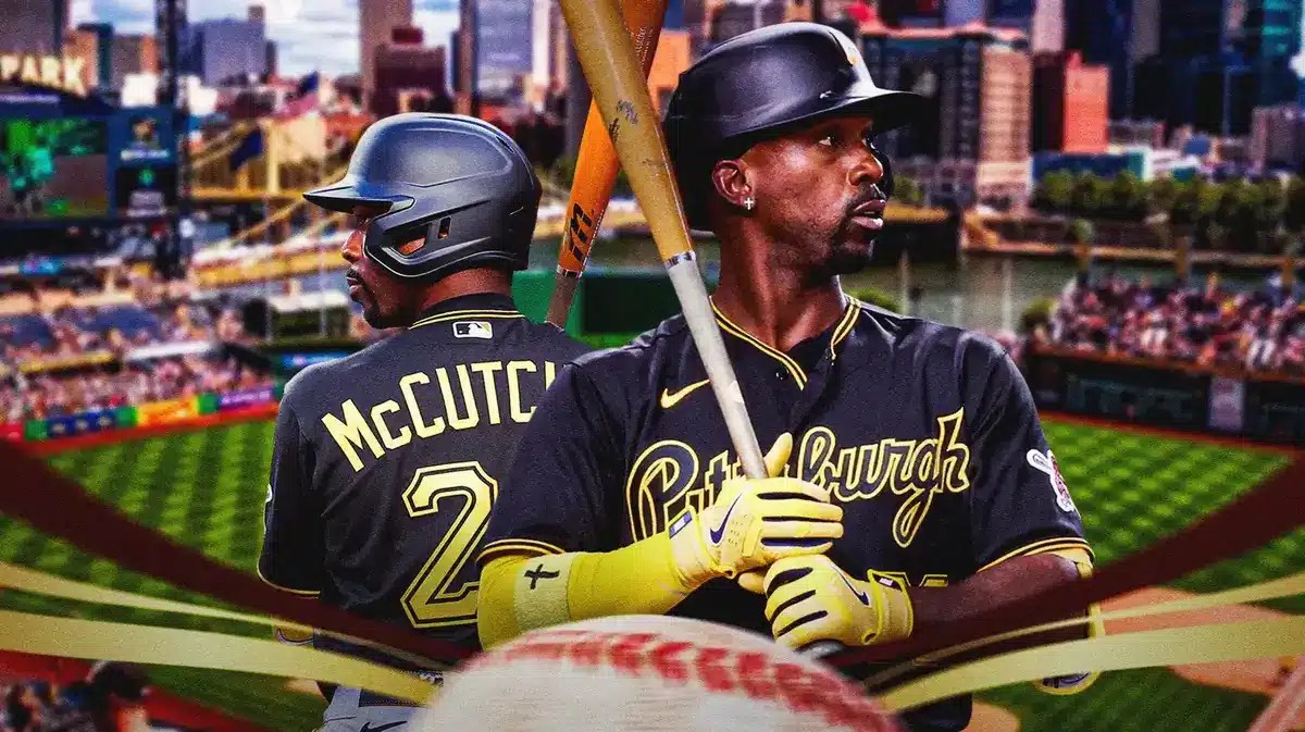 Pirates' Andrew McCutchen swinging a baseball bat at the Pirates' stadium.