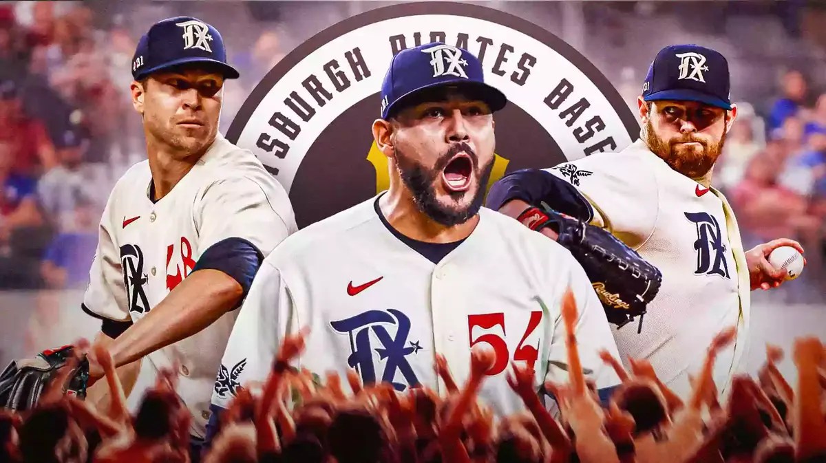 Rangers' Jacob deGrom, Rangers' Martin Perez, Rangers' Jordan Montgomery. Perez IN FRONT. Place the Pittsburgh Pirates logo in background.
