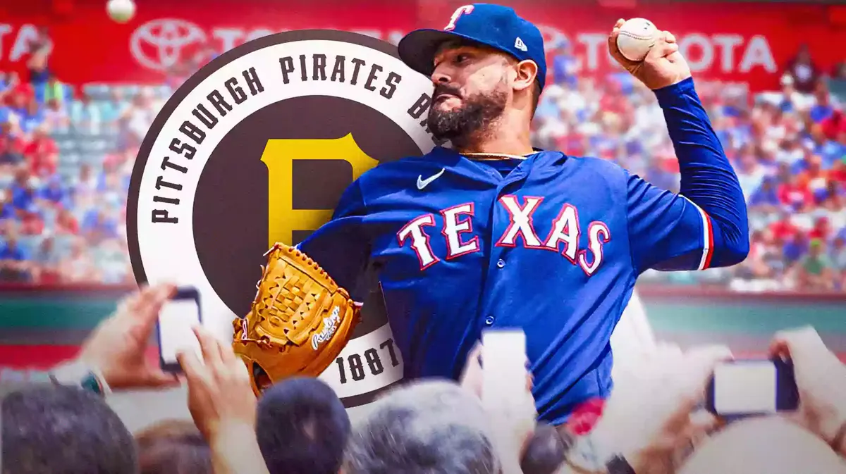 Martin Perez pitching a baseball next to the Pirates logo.