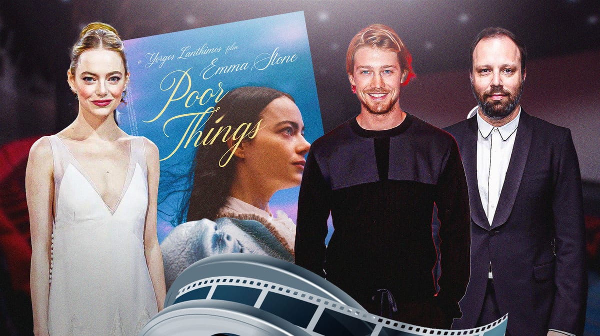 Emma Stone, Joe Alwyn, and Yorgos Lanthimos next to Poor Things poster.