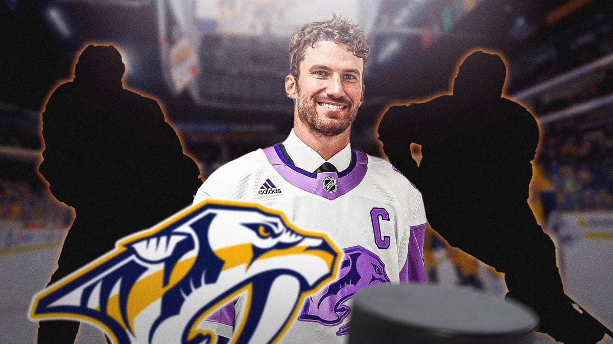 Roman Josi in middle of image looking happy, two silhouetted Nashvile Predators players on either side, NSH Predators logo, hockey rink in background