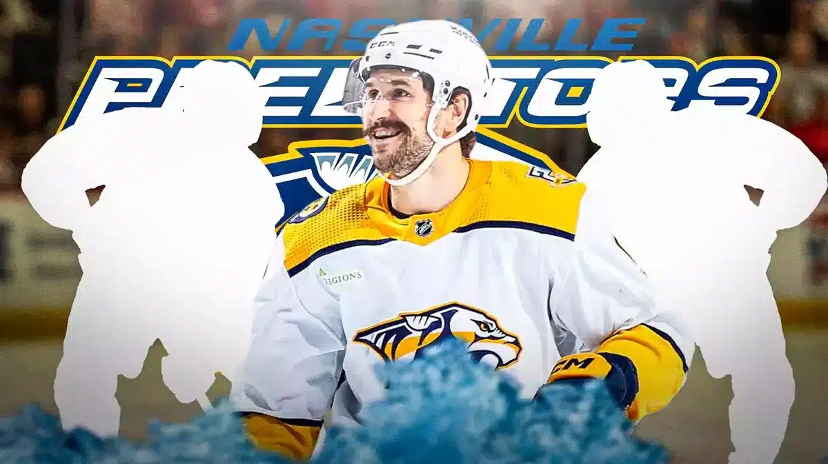 Filip Fosberg in middle of image looking happy, one silhouetted NSH Predators player on each side, NSH Predators logo, hockey rink in background