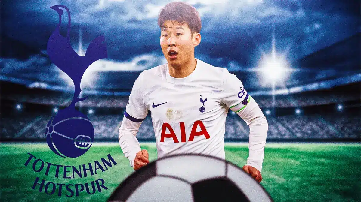 Son Heung Min in front of the Tottenham logo