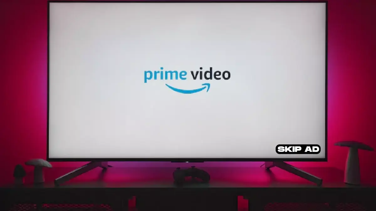 Prime Video logo on TV with Skip Ad button.
