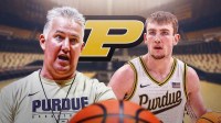 Photo: Matt Painter and Braden Smith in Purdue gear with Purdue logo behind them