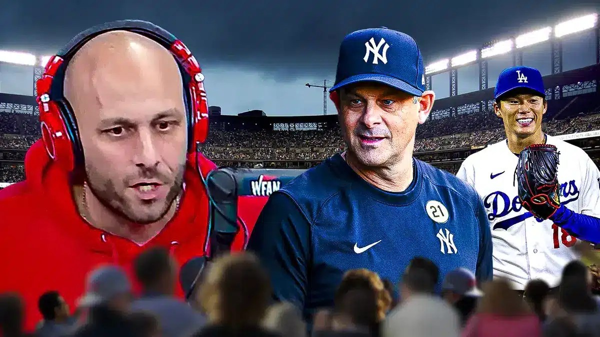 Photo: Sal Licata breathing fire at Brian Cashman, Aaron Boone in Yankees jersey, Yoshinobu Yamamoto in Dodgers jersey in background