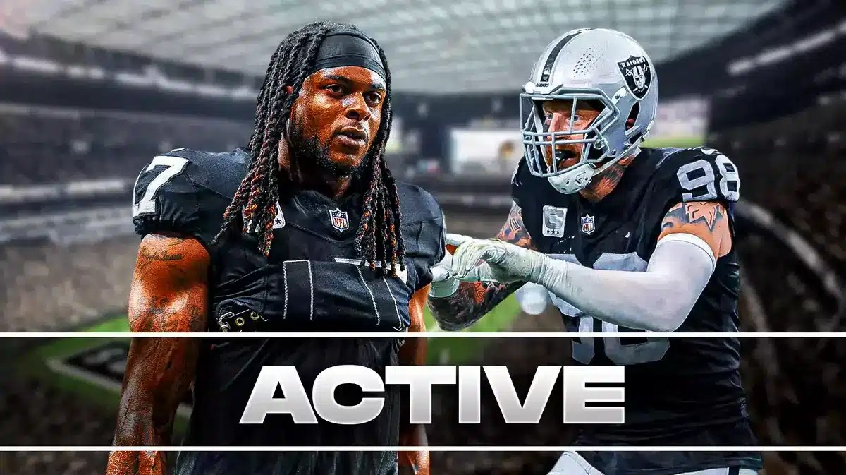 Las Vegas Raiders Davante Adams and Maxx Crosby and text graphic at bottom of image “Active”