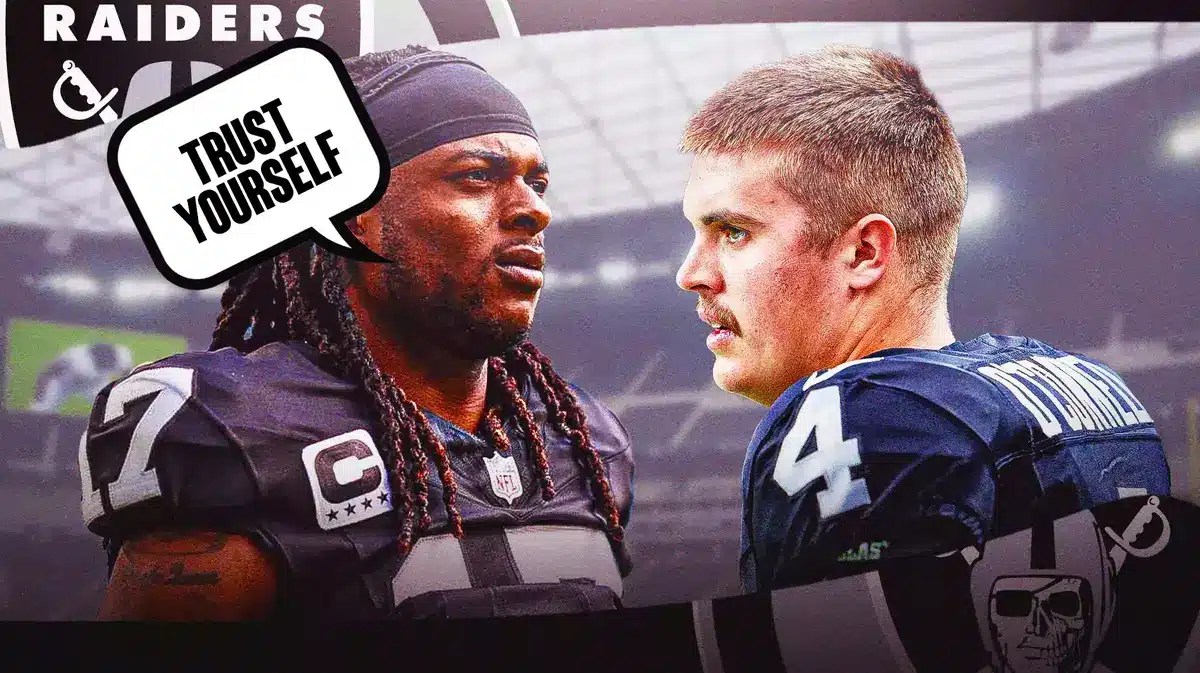 Las Vegas Raiders' Davante Adams and speech bubble “Trust Yourself” and image of Raiders' Aidan O’Connell