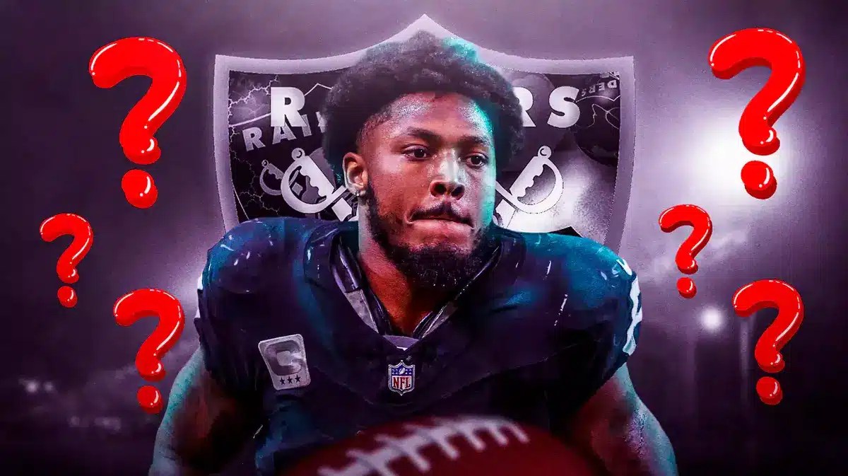 Raiders' Josh Jacobs looking serious in front. Place the Raiders logo in background. Place question marks surrounding Jacobs.